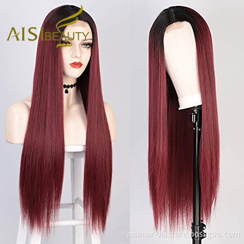 Aisi Beauty Vendor Cheap Party 26 Inch Long Straight Ombre Red Wig Swiss Lace Synthetic Hair For Black Women Lace Front Wig